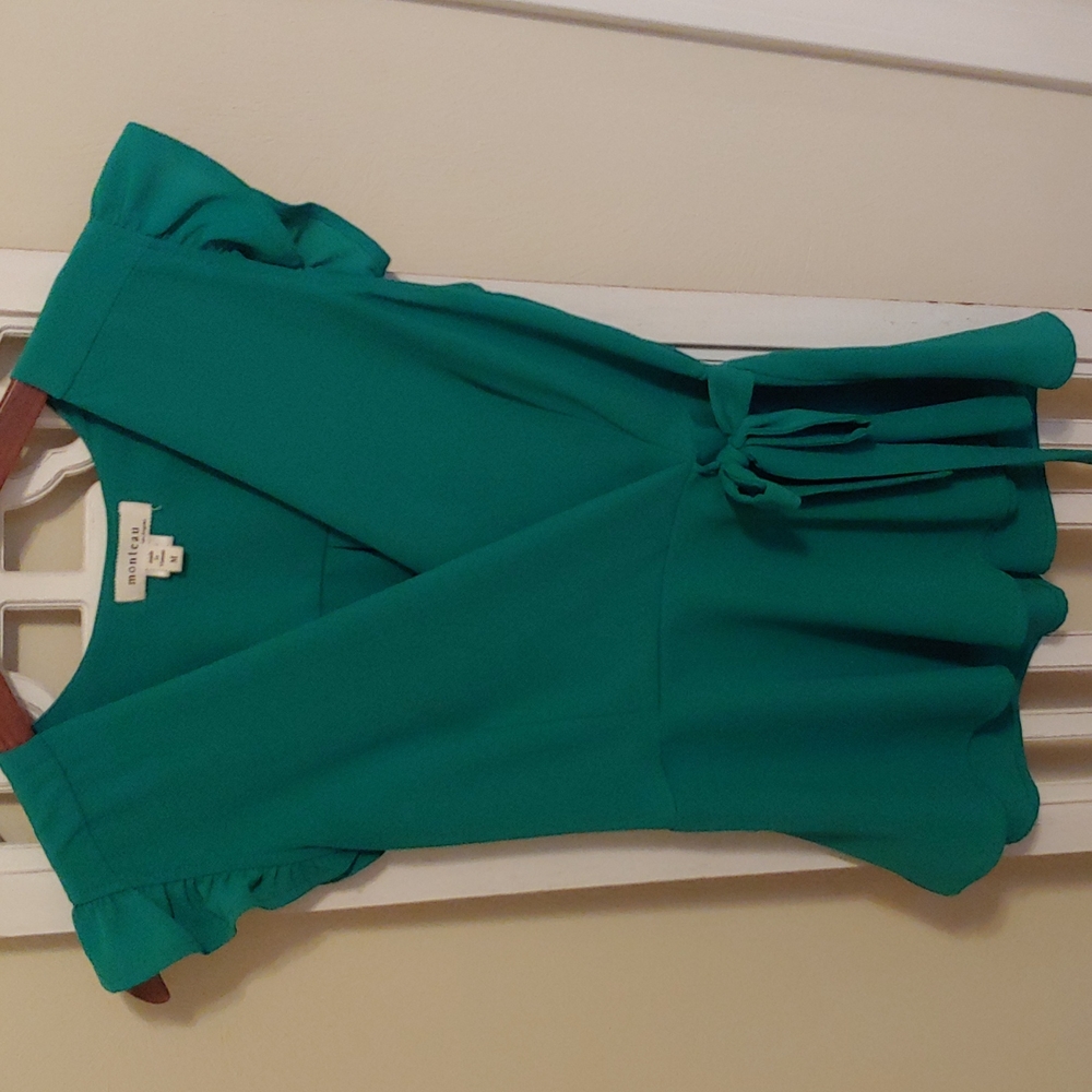 Monteau medium green flutter sleeve faux wrap top